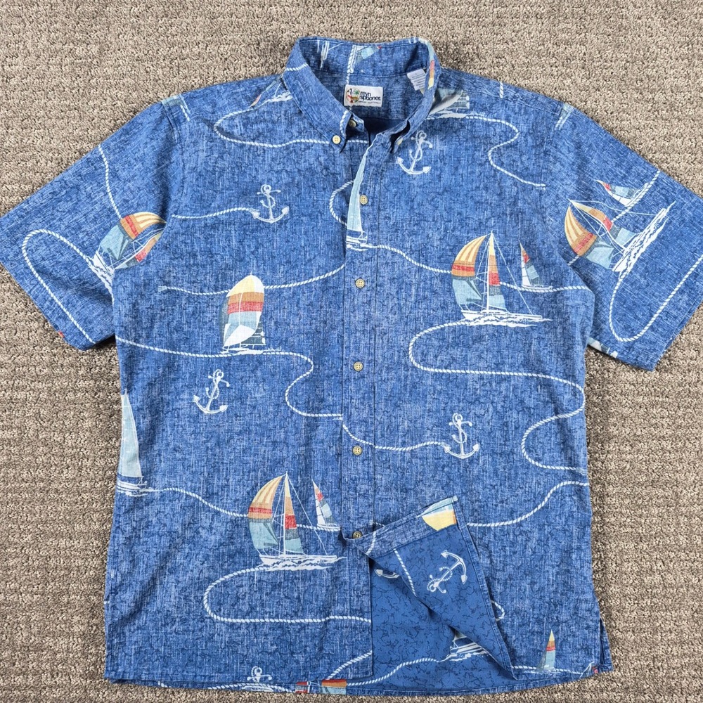 Vintage 90s Reyn Spooner Shirt Mens L Blue Sailboat Reverse Print Hawaiian Aloha